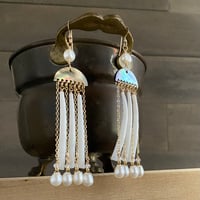 Image 5 of Pearl, dentalium, and black lip shell gold filled earrings