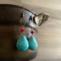 Image 1 of Magnesite, coral, and copper earrings