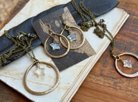 Image 2 of Prayer.. Set of Crystal Quartz Star Brass hoops earrings and necklace . Cosmos series