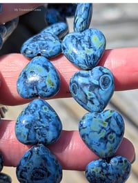 Image 2 of Czech Glass Heart Beads | Black Travertin Blue Spotted Hearts | 16x15mm Pressed Glass