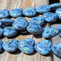Image 1 of Czech Glass Heart Beads | Black Travertin Blue Spotted Hearts | 16x15mm Pressed Glass