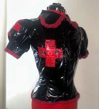 Image 1 of PVC "mutilation is salvation" blouse (black x red)