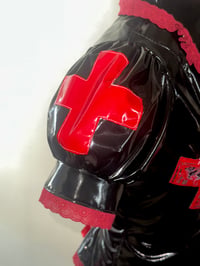 Image 8 of PVC "mutilation is salvation" blouse (black x red)