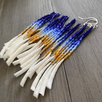 Image 3 of Morning song 2 - Blue ombre and orange seed bead and dentalium earrings