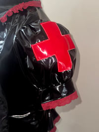 Image 9 of PVC "mutilation is salvation" blouse (black x red)