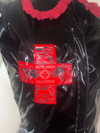 Image 10 of PVC "mutilation is salvation" blouse (black x red)