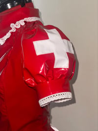 Image 8 of PVC "mutilation is salvation" blouse (red x white)