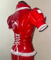 Image 5 of PVC "mutilation is salvation" blouse (red x white)