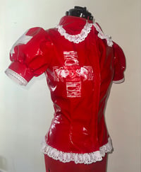 Image 1 of PVC "mutilation is salvation" blouse (red x white)
