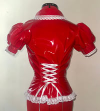 Image 3 of PVC "mutilation is salvation" blouse (red x white)