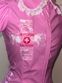 Image 9 of PVC "mutilation is salvation" blouse (pink x white)