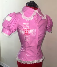 Image 1 of PVC "mutilation is salvation" blouse (pink x white)