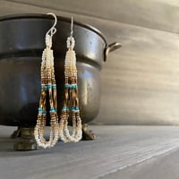 Image 1 of Cold morning brews - Chocolate, cream and turquoise seed beaded earrings
