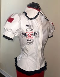 Image 1 of PVC "mutilation is salvation" blouse (white x black)