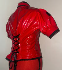 Image 5 of *plus size* PVC "mutilation is salvation" blouse (red x black)