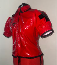 Image 4 of *plus size* PVC "mutilation is salvation" blouse (red x black)