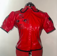 Image 2 of *plus size* PVC "mutilation is salvation" blouse (red x black)