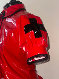 Image 7 of *plus size* PVC "mutilation is salvation" blouse (red x black)