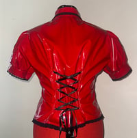 Image 3 of *plus size* PVC "mutilation is salvation" blouse (red x black)