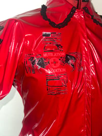 Image 9 of *plus size* PVC "mutilation is salvation" blouse (red x black)