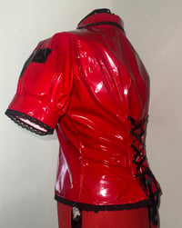 Image 6 of *plus size* PVC "mutilation is salvation" blouse (red x black)