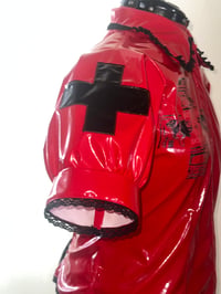 Image 8 of *plus size* PVC "mutilation is salvation" blouse (red x black)