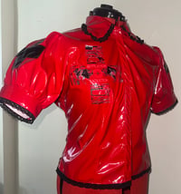 Image 1 of *plus size* PVC "mutilation is salvation" blouse (red x black)