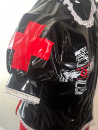 Image 7 of *plus size* PVC "mutilation is salvation" blouse (black x white)