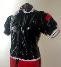 Image 4 of *plus size* PVC "mutilation is salvation" blouse (black x white)