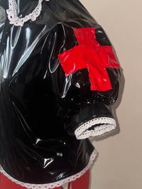 Image 8 of *plus size* PVC "mutilation is salvation" blouse (black x white)