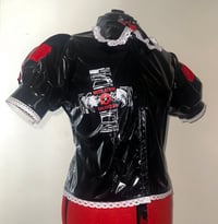 Image 1 of *plus size* PVC "mutilation is salvation" blouse (black x white)