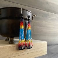 Image 2 of Fire colors 2 - Black and turquoise seed beaded earrings