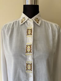 Image 1 of Light Cotton Aztec Blouse | Pleated Shoulders | Size 10. 