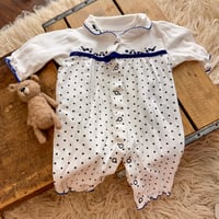Image 1 of Vintage 1980s Delicate Embroidered Polka Dot Knit Romper | 3 Months
