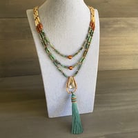 Image 1 of Embrace - Turquoise, pearl, abalone, beaded tassel necklace