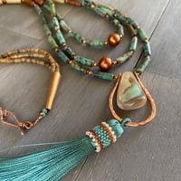 Image 2 of Embrace - Turquoise, pearl, abalone, beaded tassel necklace