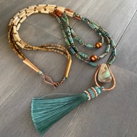 Image 3 of Embrace - Turquoise, pearl, abalone, beaded tassel necklace