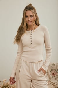 Image 1 of Fitted Long Sleeve Ribbed Henley Knit Top - AUGUST