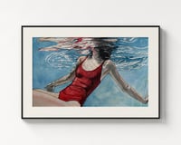 Aquarelle originale underwater, figure sous l'eau en maillot rouge, Pierre Renollet
