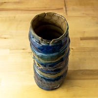 Image 3 of Handbuilt Ceramic Tower Vase, Blue Teal Art Pottery with Metal Wire, 8.5" Tall 