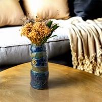 Image 1 of Handbuilt Ceramic Tower Vase, Blue Teal Art Pottery with Metal Wire, 8.5" Tall 