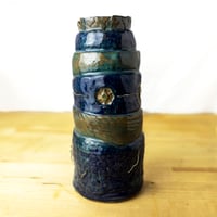 Image 2 of Handbuilt Ceramic Tower Vase, Blue Teal Art Pottery with Metal Wire, 8.5" Tall 