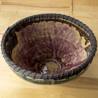 Image 3 of Hand-Built Ceramic Bowl-Vase with Woven Wood Reed Rim — Magenta, Green, & Yellow