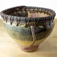 Image 4 of Hand-Built Ceramic Bowl-Vase with Woven Wood Reed Rim — Magenta, Green, & Yellow
