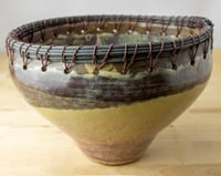 Image 2 of Hand-Built Ceramic Bowl-Vase with Woven Wood Reed Rim — Magenta, Green, & Yellow
