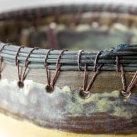 Image 5 of Hand-Built Ceramic Bowl-Vase with Woven Wood Reed Rim — Magenta, Green, & Yellow