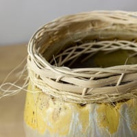 Image 3 of Handbuilt Ceramic Vase with Woven Wood Reed Rim | Yellow & Blue-Grey Speckled Stoneware Pottery