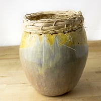 Image 2 of Handbuilt Ceramic Vase with Woven Wood Reed Rim | Yellow & Blue-Grey Speckled Stoneware Pottery