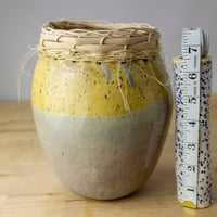 Image 5 of Handbuilt Ceramic Vase with Woven Wood Reed Rim | Yellow & Blue-Grey Speckled Stoneware Pottery