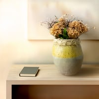 Image 1 of Handbuilt Ceramic Vase with Woven Wood Reed Rim | Yellow & Blue-Grey Speckled Stoneware Pottery